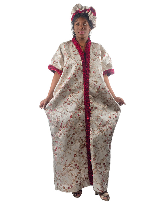 Luxury Cream & Red Sequin Boubou with Headwrap