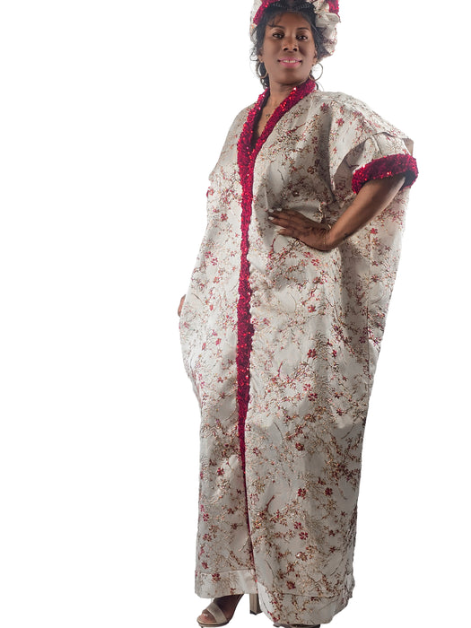Luxury Cream & Red Sequin Boubou with Headwrap