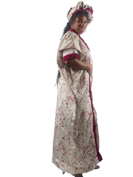 Luxury Cream & Red Sequin Boubou with Headwrap