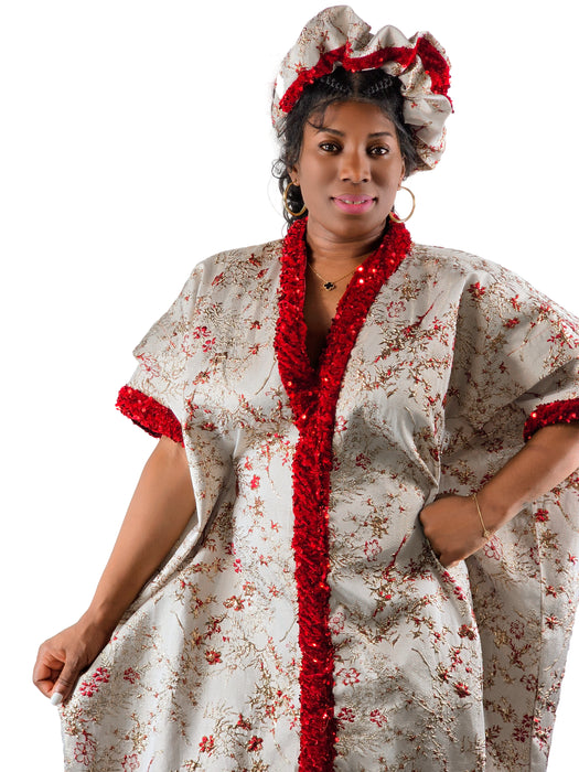 Luxury Cream & Red Sequin Boubou with Headwrap