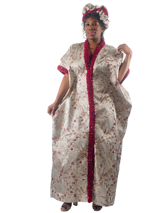 Luxury Cream & Red Sequin Boubou with Headwrap