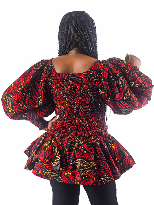 Tiara Smocked Ankara Peplum Top with Puffy Sleeves