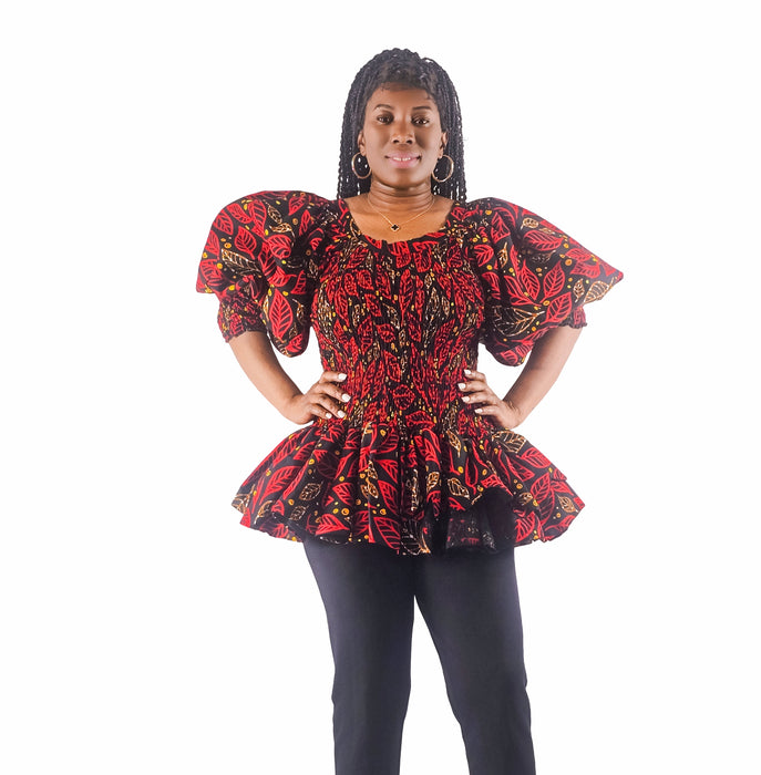 Tiara Smocked Ankara Peplum Top with Puffy Sleeves