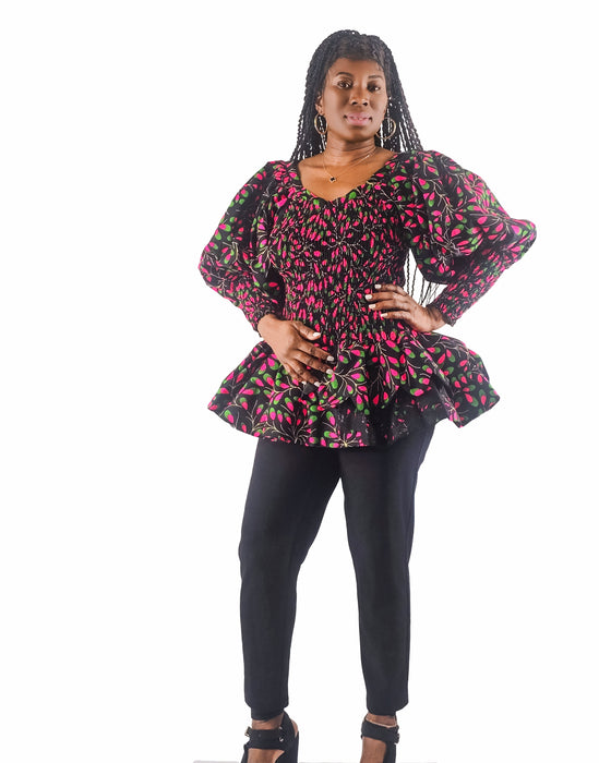 Tife Smocked Ankara Peplum Top with Puffy Sleeves