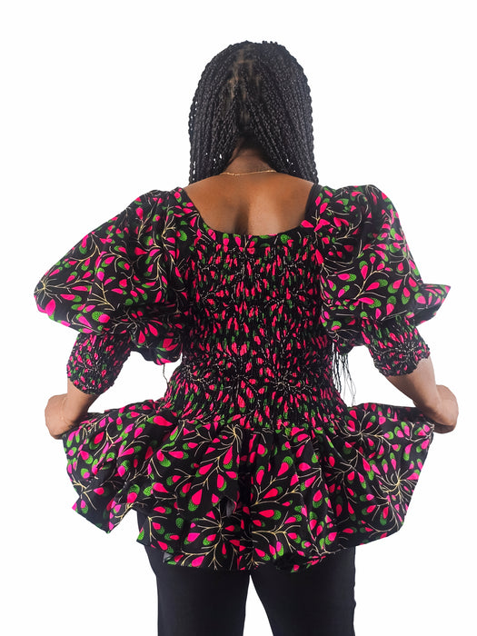 Tife Smocked Ankara Peplum Top with Puffy Sleeves