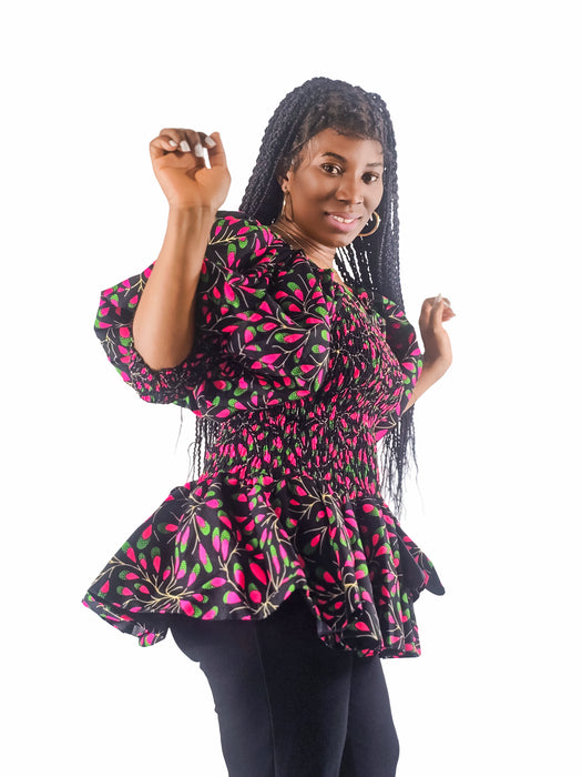 Tife Smocked Ankara Peplum Top with Puffy Sleeves