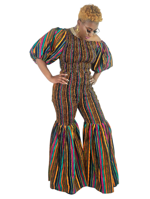Abby Smocked Jumpsuit with Puff Sleeves and Flared Legs