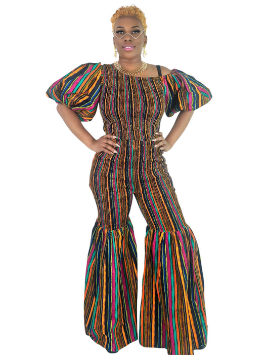 Abby Smocked Jumpsuit with Puff Sleeves and Flared Legs