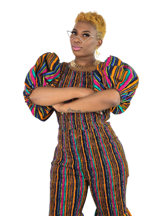 Abby Smocked Jumpsuit with Puff Sleeves and Flared Legs